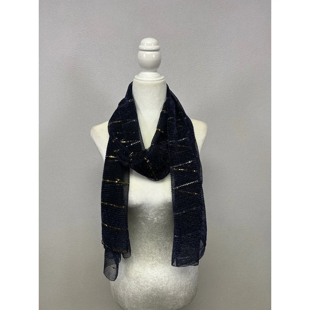 Evening Glam Womens OS Navy Blue Gold Sequin Pleated Mesh Shawl Scarf